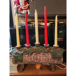 Vintage Christmas Ceramic Lighted NOEL Yule Log Mantle Candelabra Rare MCM 1960s